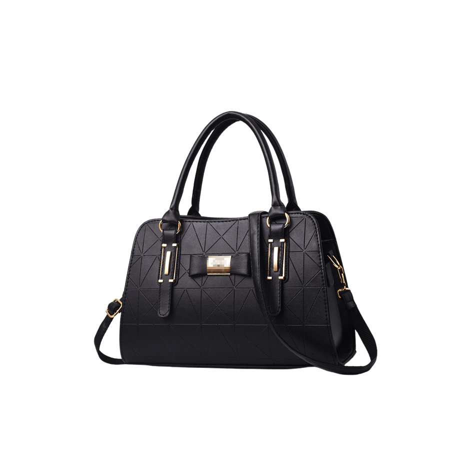 Black embossed ladies handbag with metal tab and bowknot