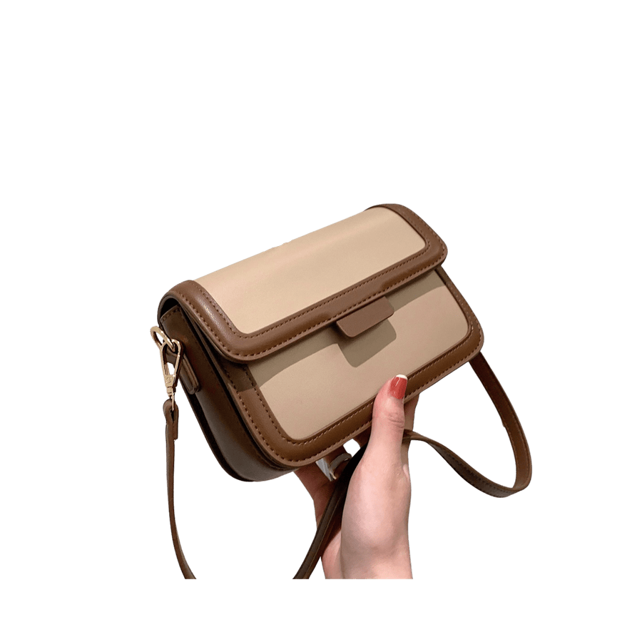 Beige ladies crossbody bag with brown trim PU and macnetic snap closure