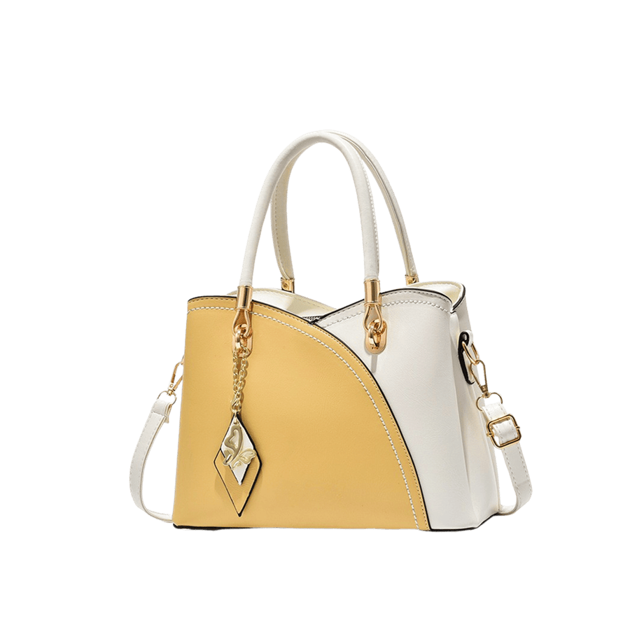 Splicing PU ladies handbag with metal tab and hangtag