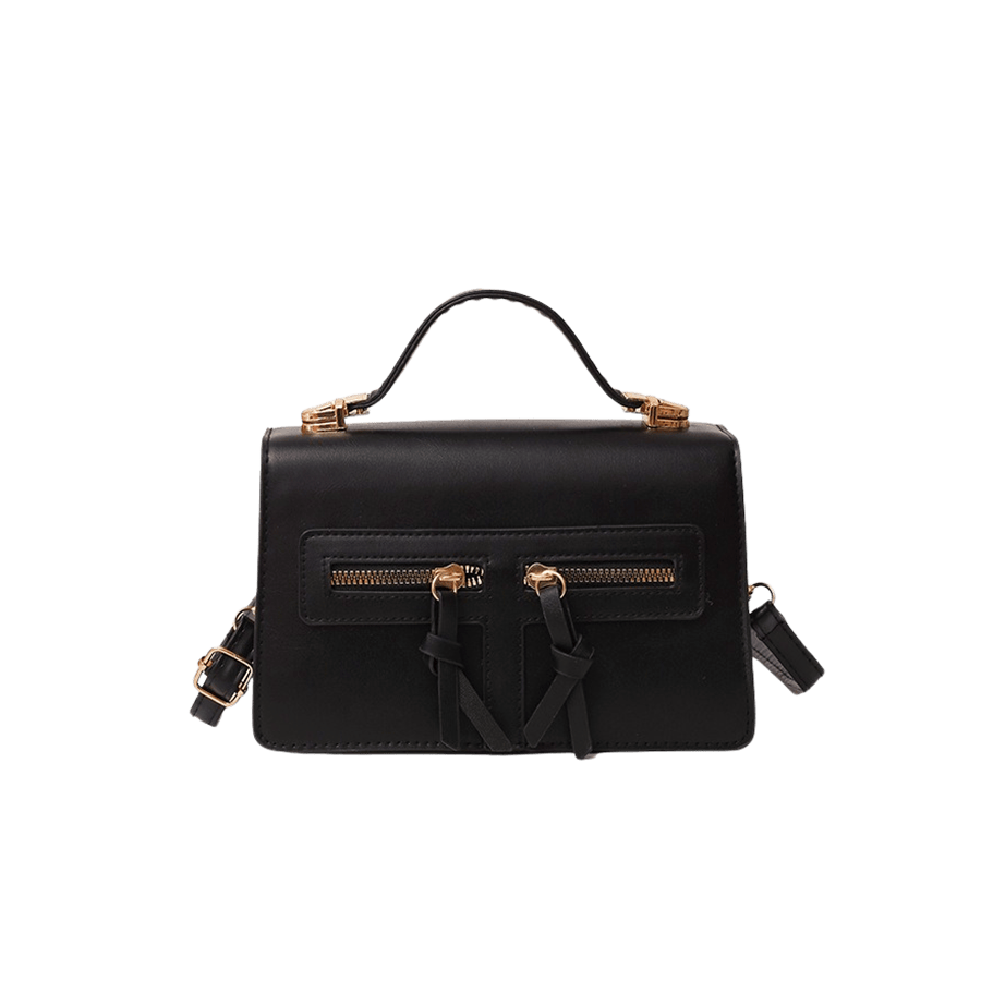 Black ladies handbag with front zip pockets and knotted zip puller