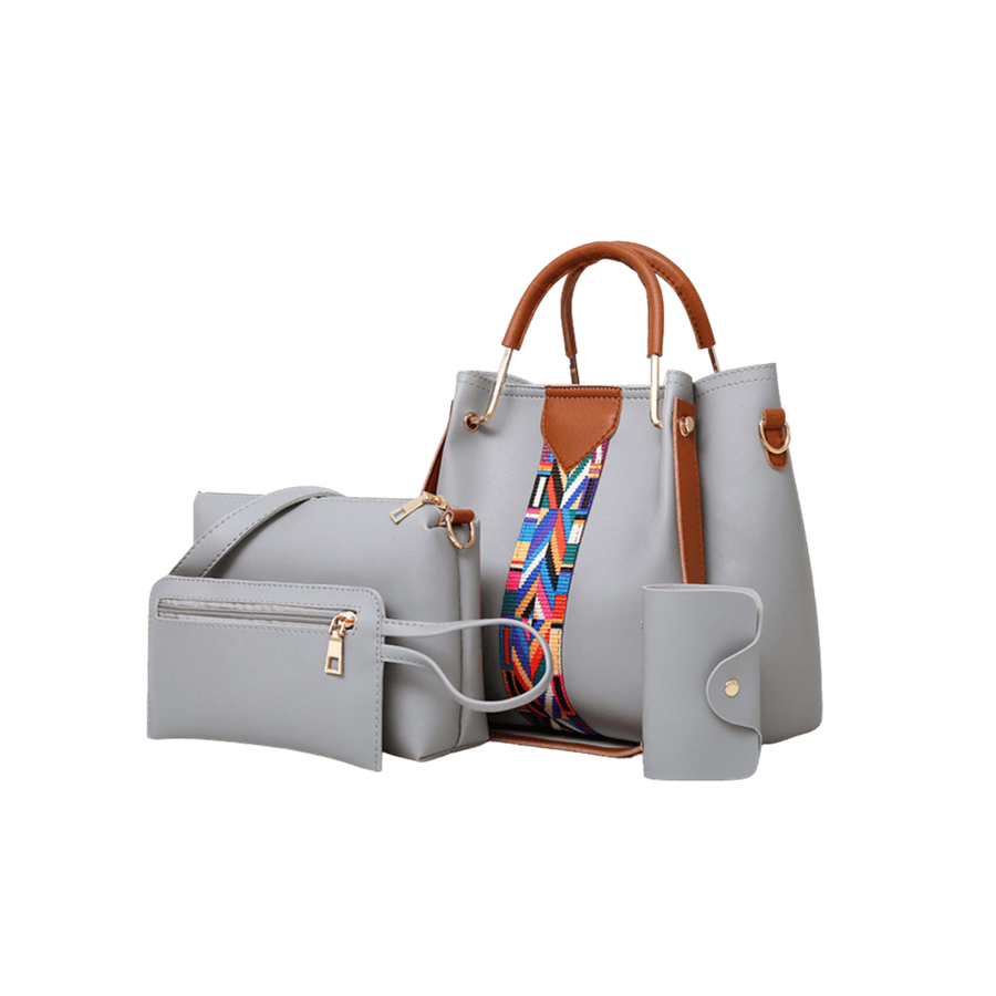 Grey ladies handbag sets with jacquard webbing on the front and metal handle