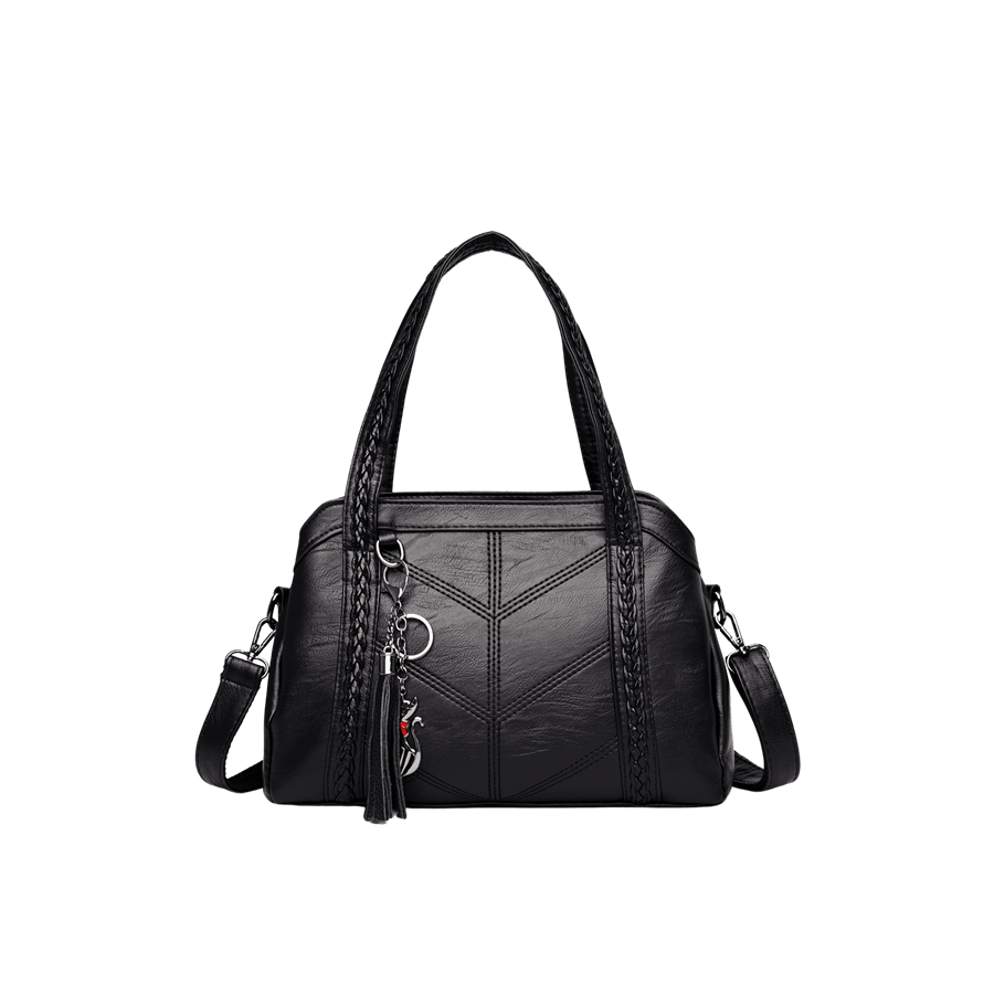 Black ladies handbag with decorative stitching and detachable hangtag