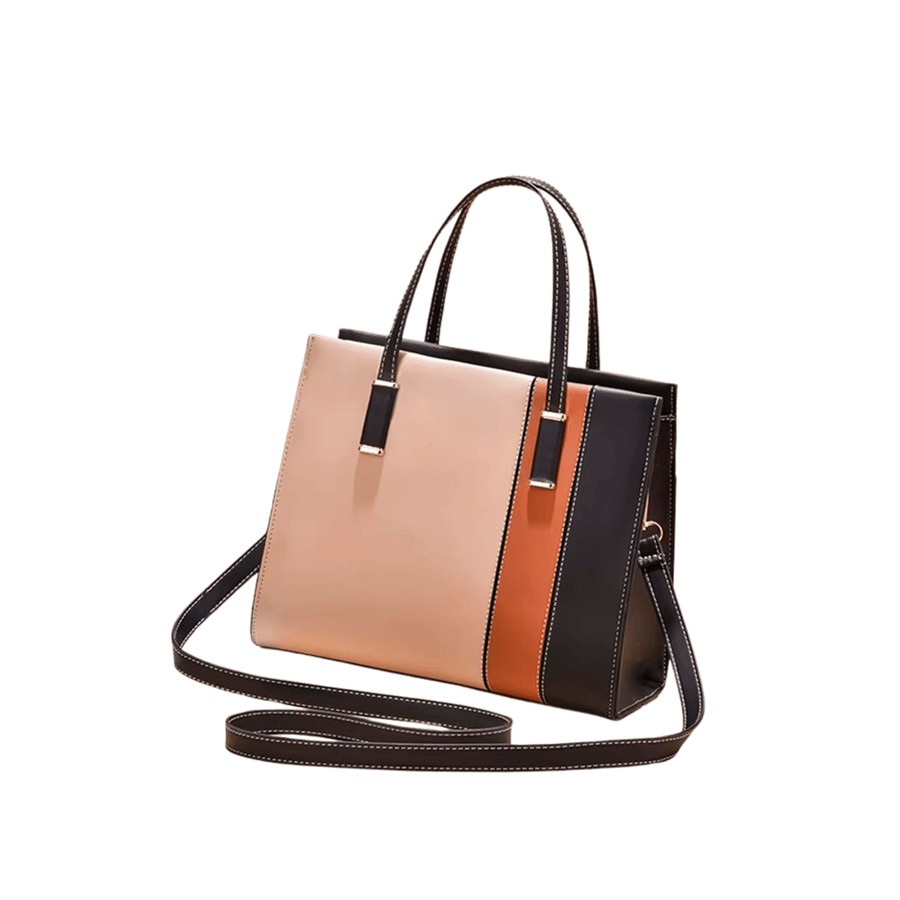 Splicing PU ladies handbag with metal tab of handle and white stitching