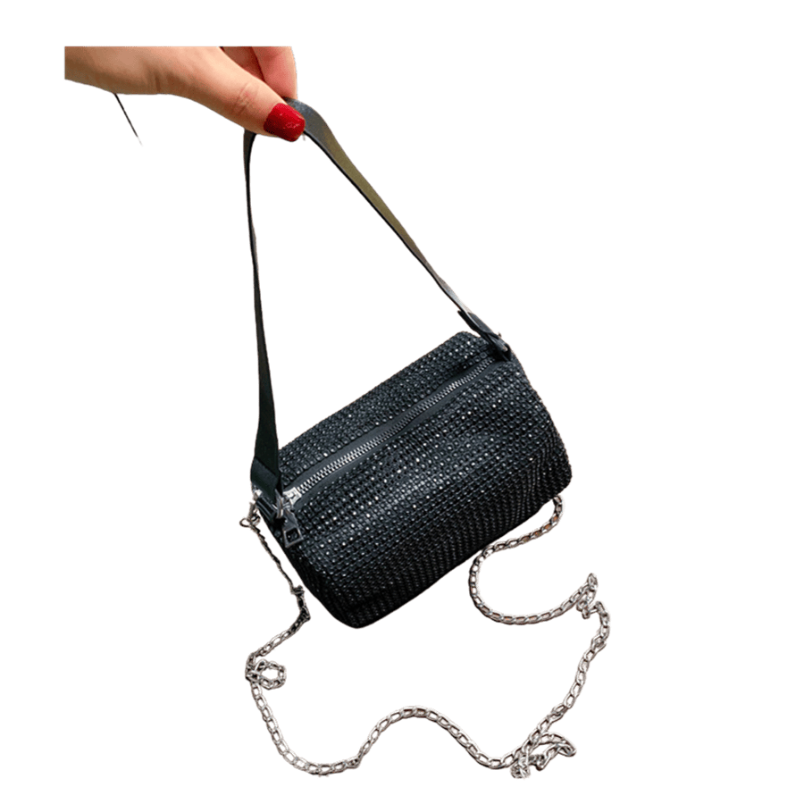 Black rhinestone ladies duffel bag with top zip closure