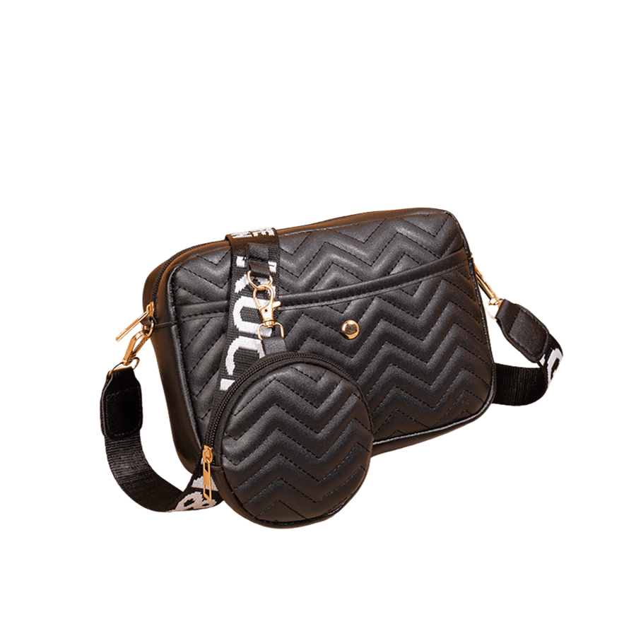 Black quilting crossbody bag with detachable round pouch and front open pocket