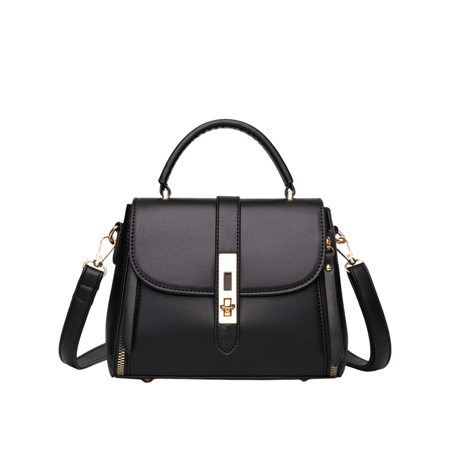 Black ladies handbag with lock closure and bottom metal feets