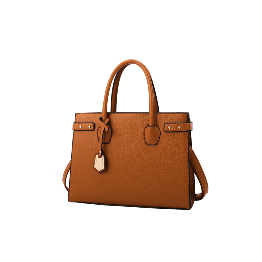 Brown ladies  handbag with PU hangtag and contrast edge painting