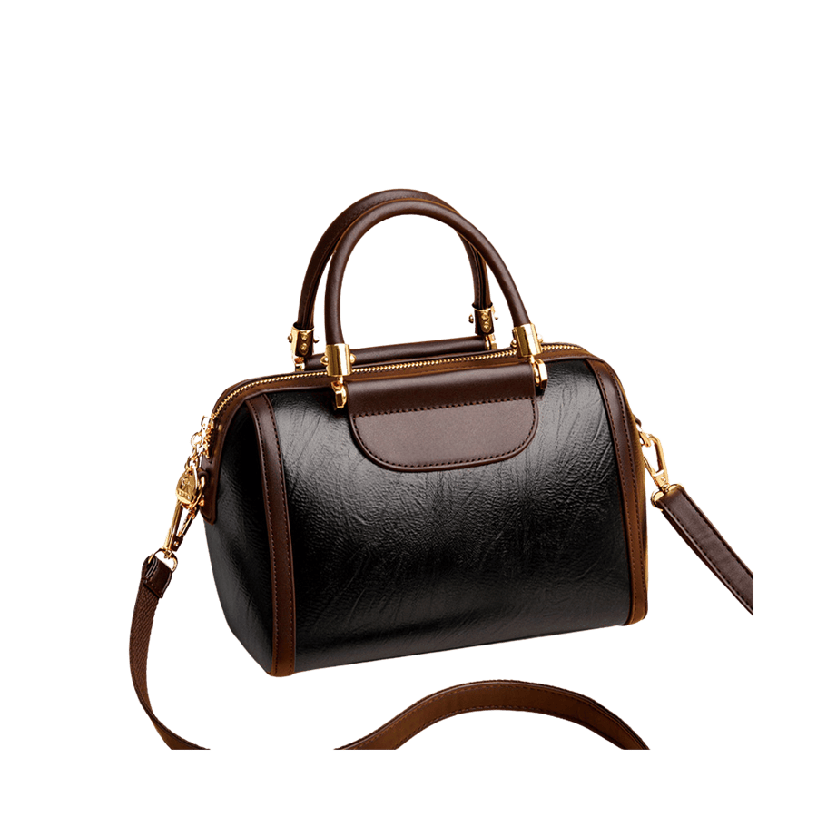 Black mini ladies duffel bag with brown trim PU and metal bar on the handle