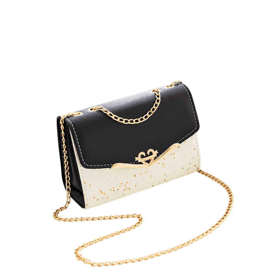 Beige metallic ladies crossbody bag with black trim PU and heart-shaped hardware