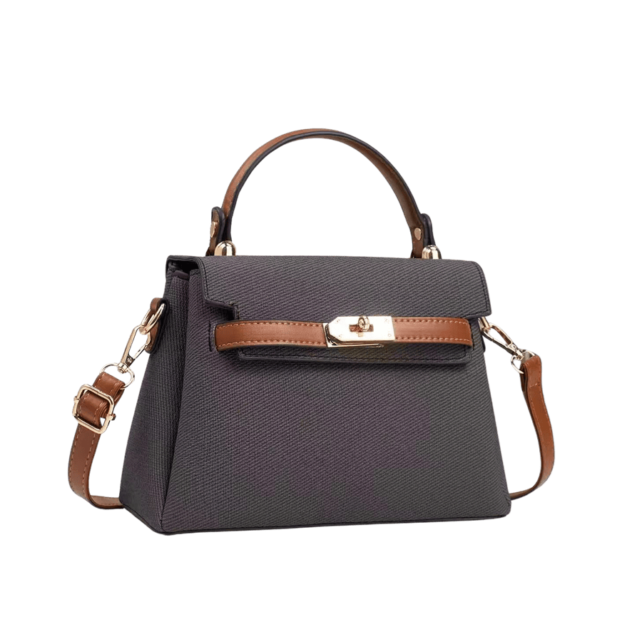 Grey ladies handbag with brown trim PU and lock closure