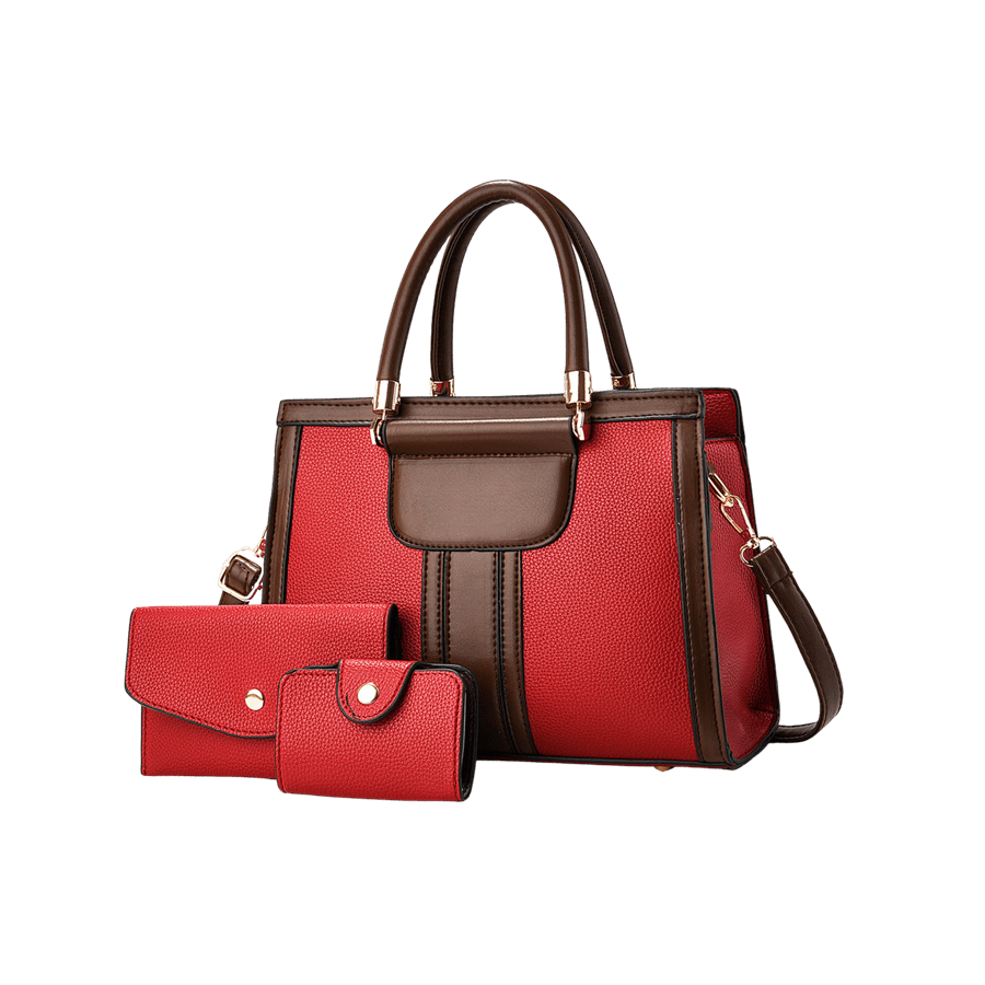 Red ladies handbag sets with brown trim PU and metal bar on the handle