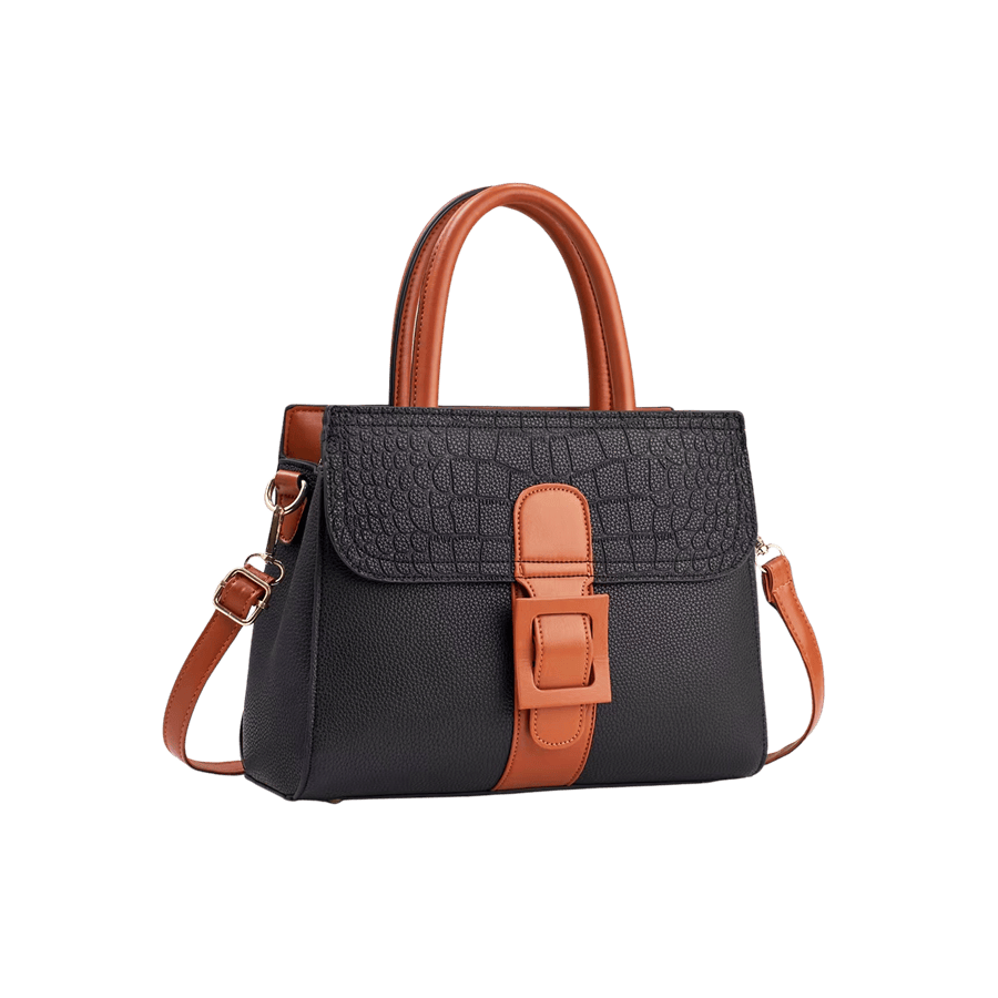 Black ladies handbag with orange trim PU and big decorative buckle
