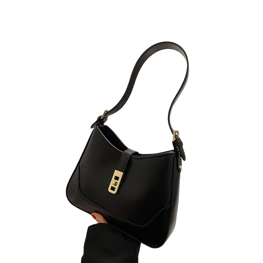 Black ladies handbag with lock closure and adjustable handle