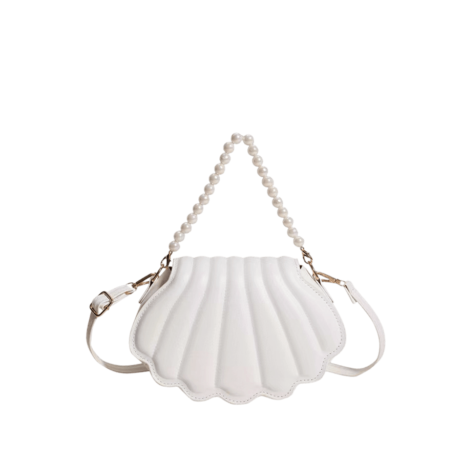 White quilting shell-shaped clutch with pearl handle and magnetic snap closure