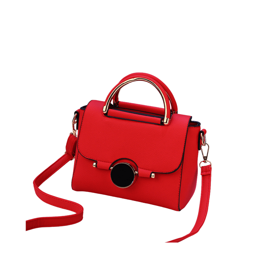 Red ladies handbag with black round enemal hardware and metal bar