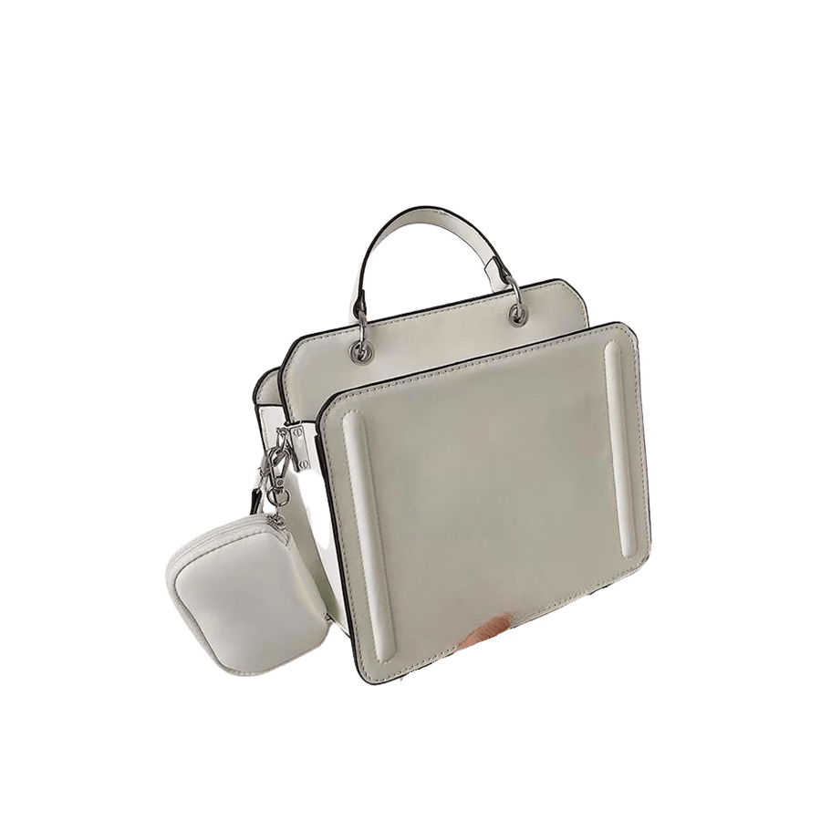 White ladies handbag with detachable square pouch bag and decorative bombe