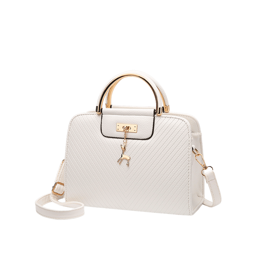 Beige embossed ladies tote bag with metal handle and decorative hardware