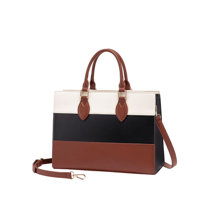 Splicing PU ladies tote with top zip closure