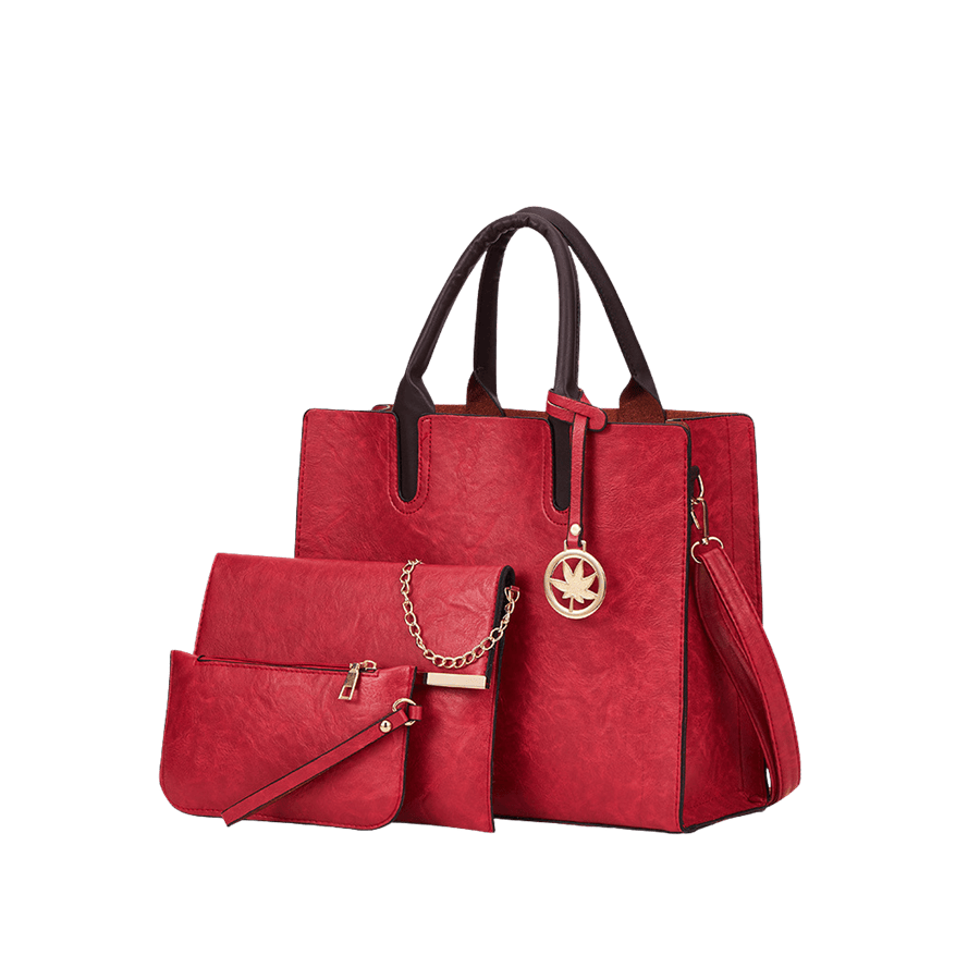 Red ladies handbag sets with detachable leaf metal hangtag and brown trim PU