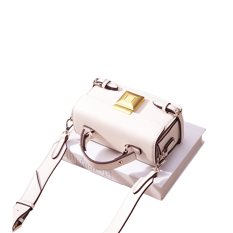 Beige box ladies handbag with lock closure and contrast edge painting