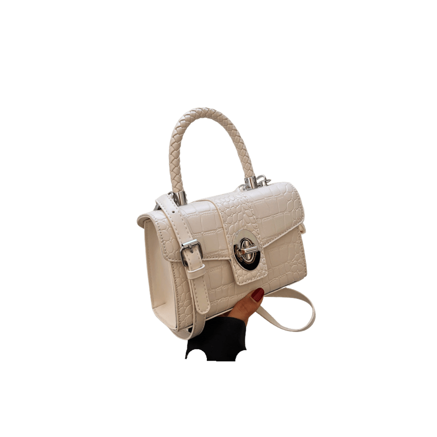 White croco PU ladies handbag with weave handle and lock closure