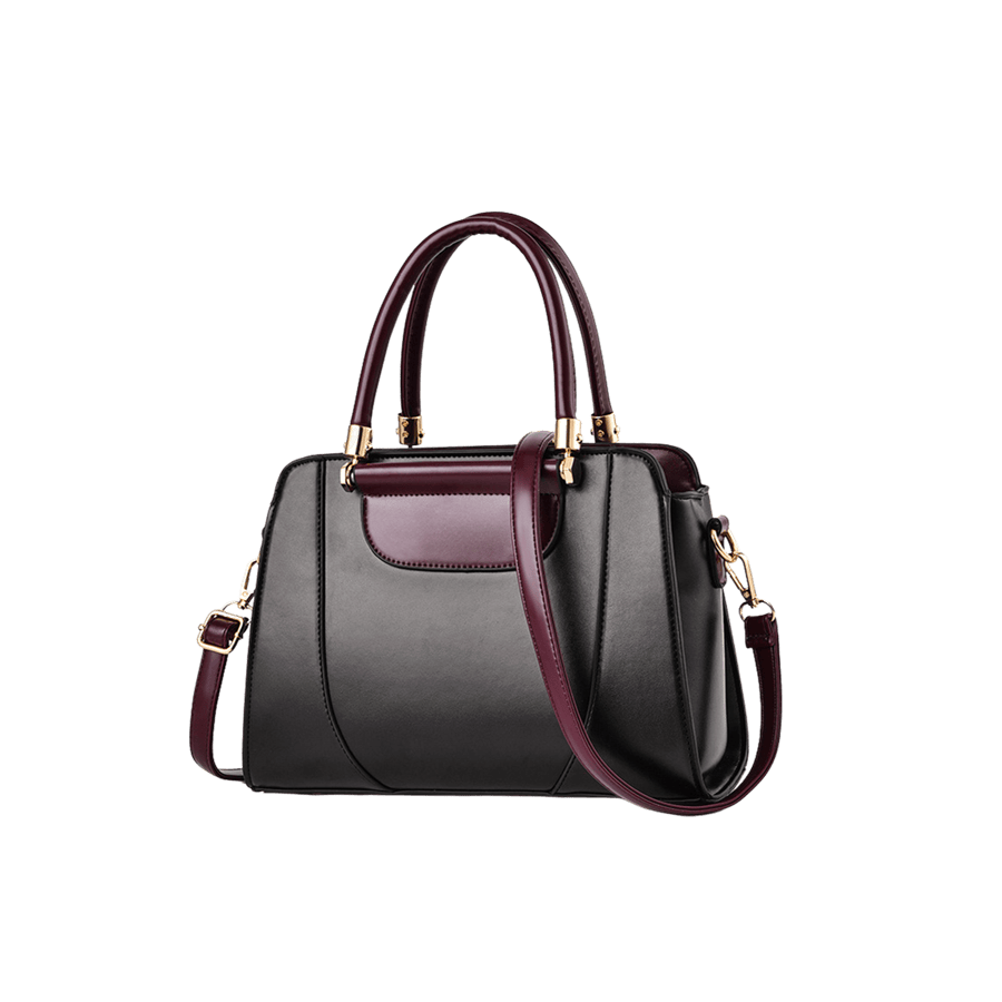 Black ladies handbag with burgundy trim PU and metal bar on the handle