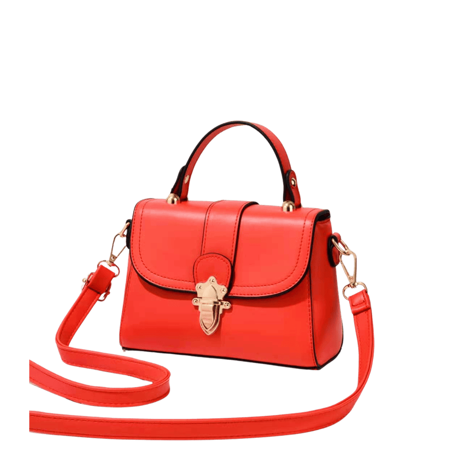 Red ladies handbag with lock closure and contrast edge painting