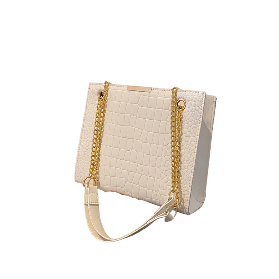 White croco PU ladies tote bag with metal edge on the top