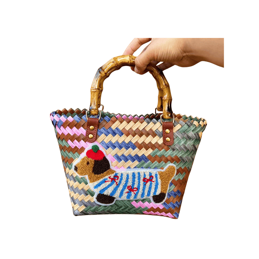 Bamboo weaving ladies handbag with bamboo handle and towel embroidery