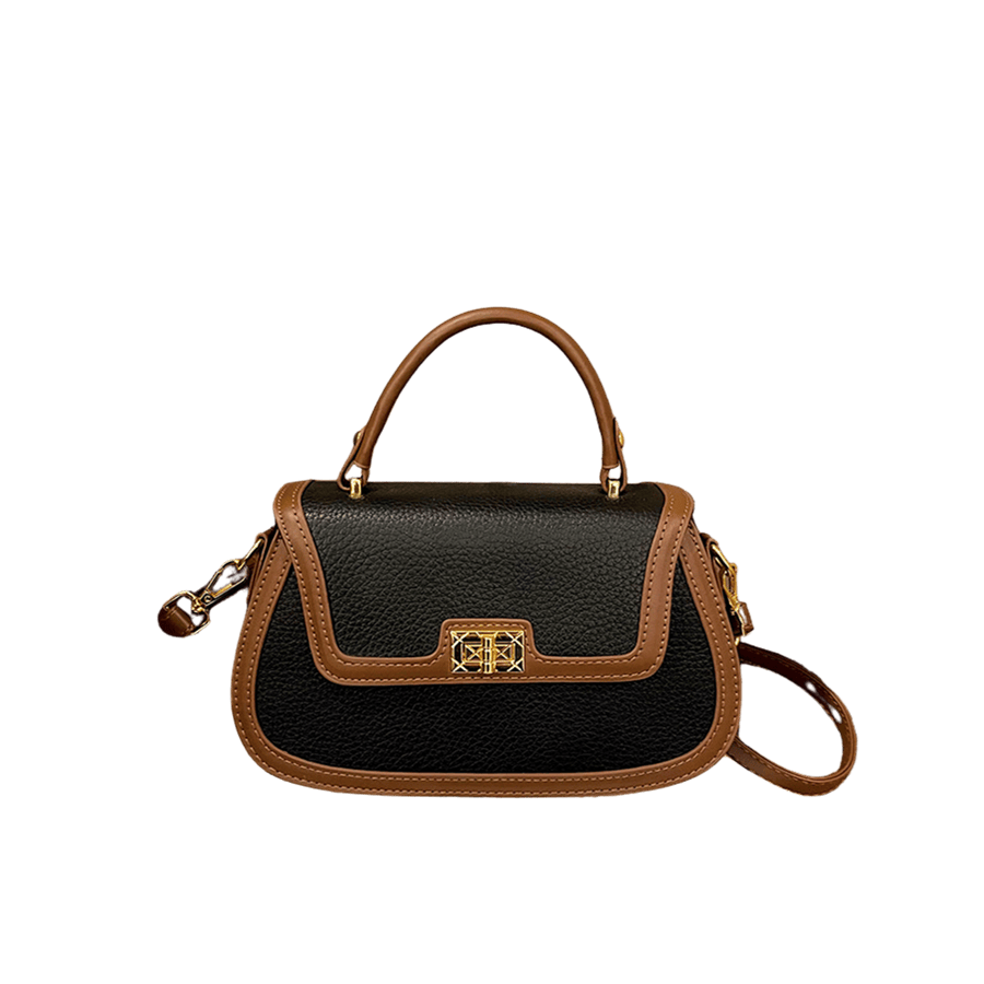 Black pebble PU ladies handbag with brown trim PU and lock closure