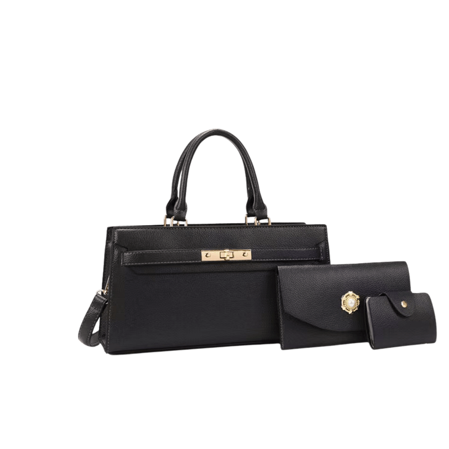 Black ladies handbag sets with lock closure and decorative flap