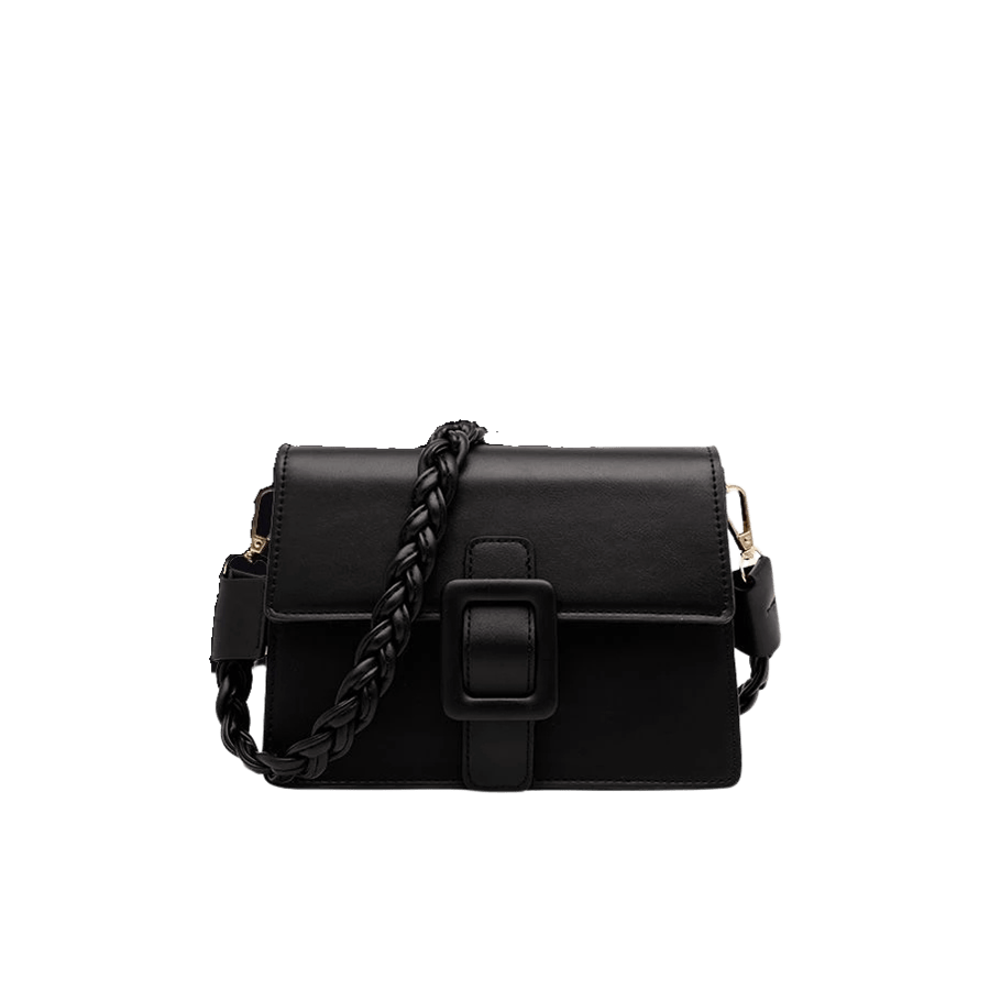 Black ladies crossbody bag with weave shoulder strap and black buckle