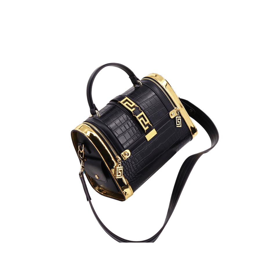 Black croco PU handbag with gold trim PU and gold hardware on the small strap
