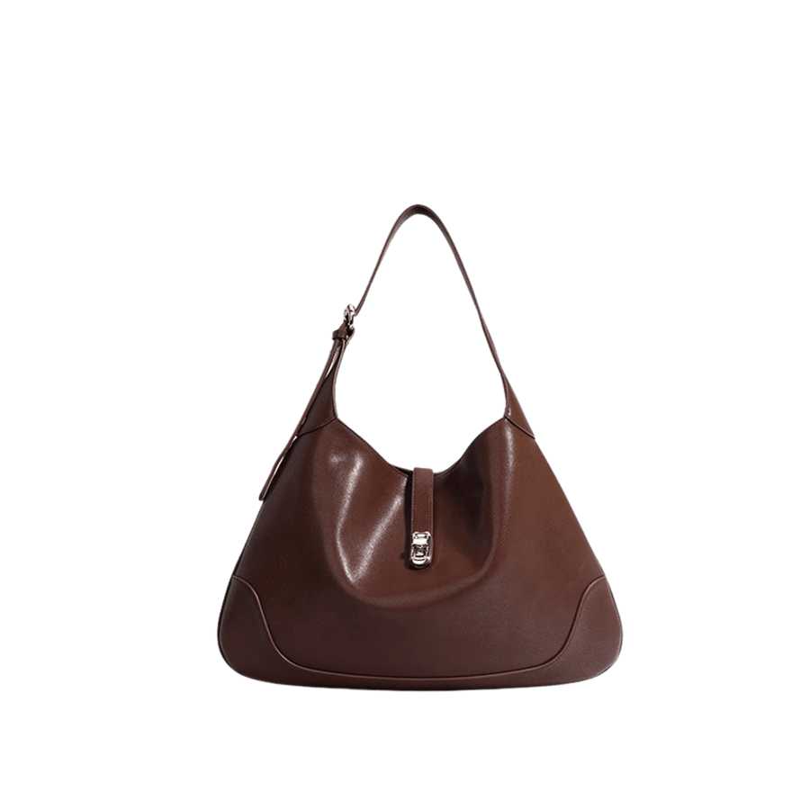 Brown ladies hobo bag with adjustable handle and lock closure