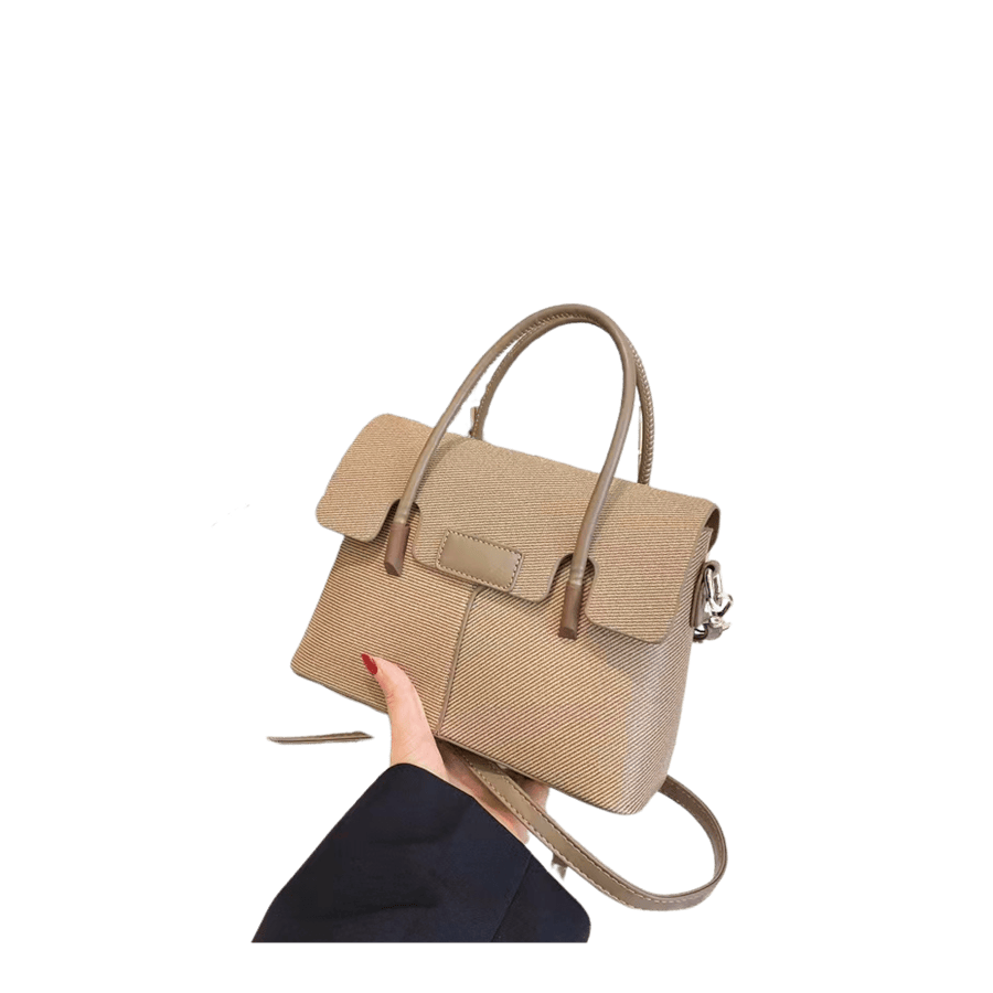 Khaki twill ladies handbag with matching trim PU and rubber tab of handle