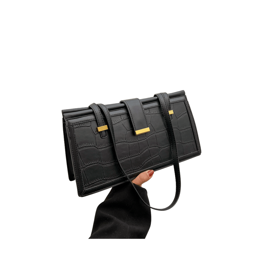 Black croco PU ladies handbag with metal bridge on the handle and metal edge