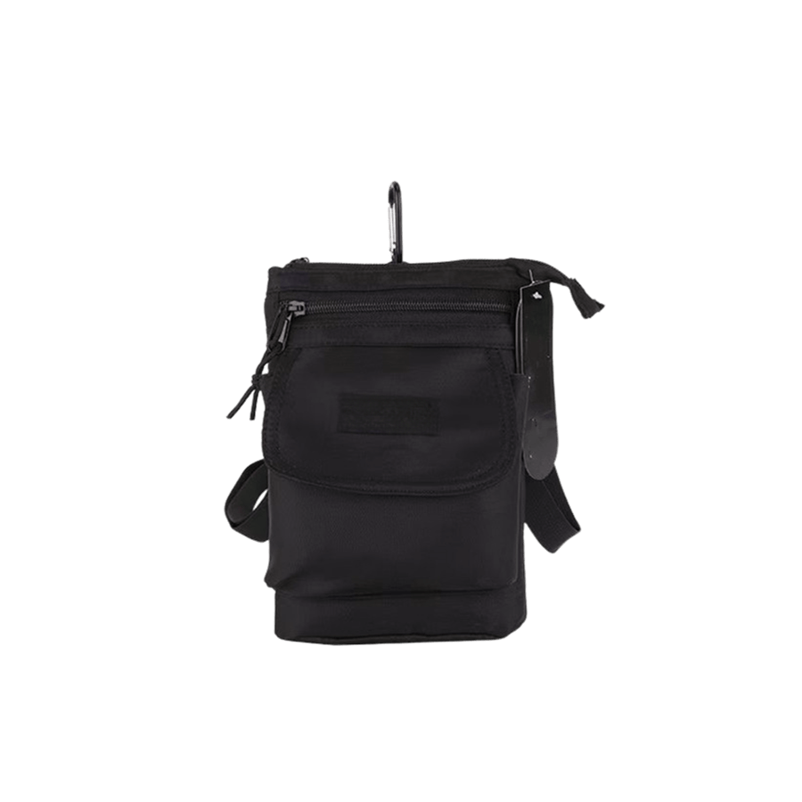Black travelling crossbody bag with front zip pocket and carabiner