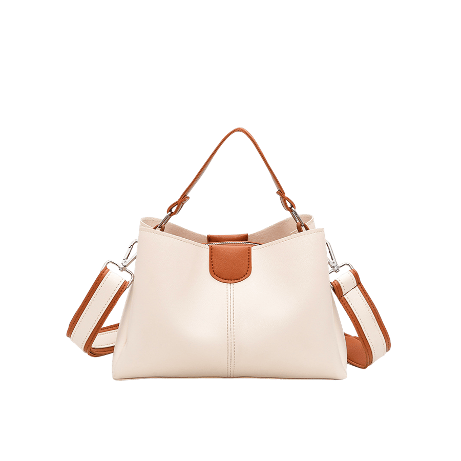 Beige ladies handbag with orange trim PU and middle stitching on the front