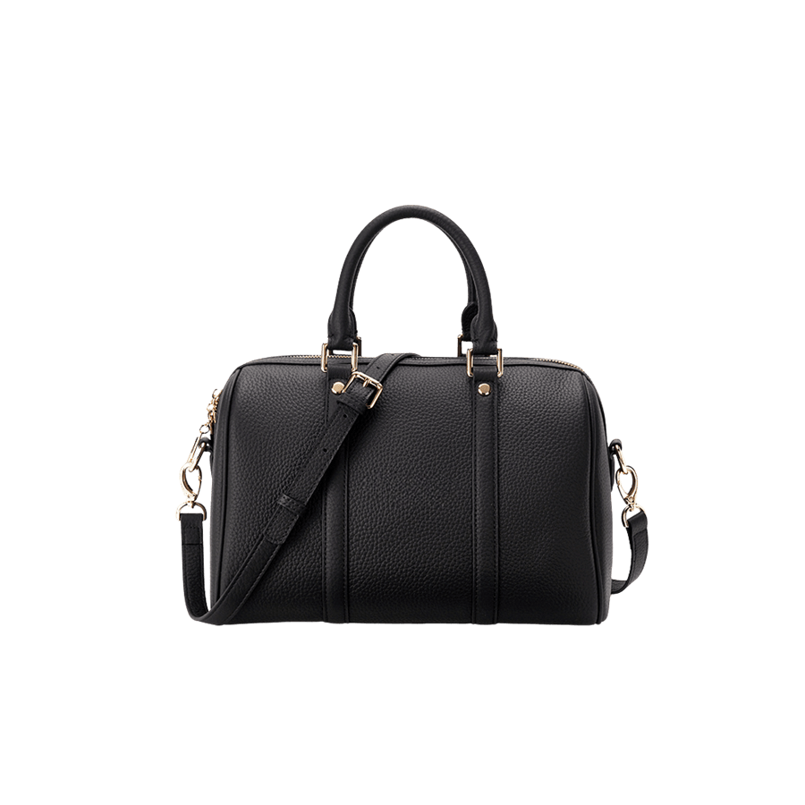 Black pebble PU ladies duffel bag with piping and flat studs on the handle