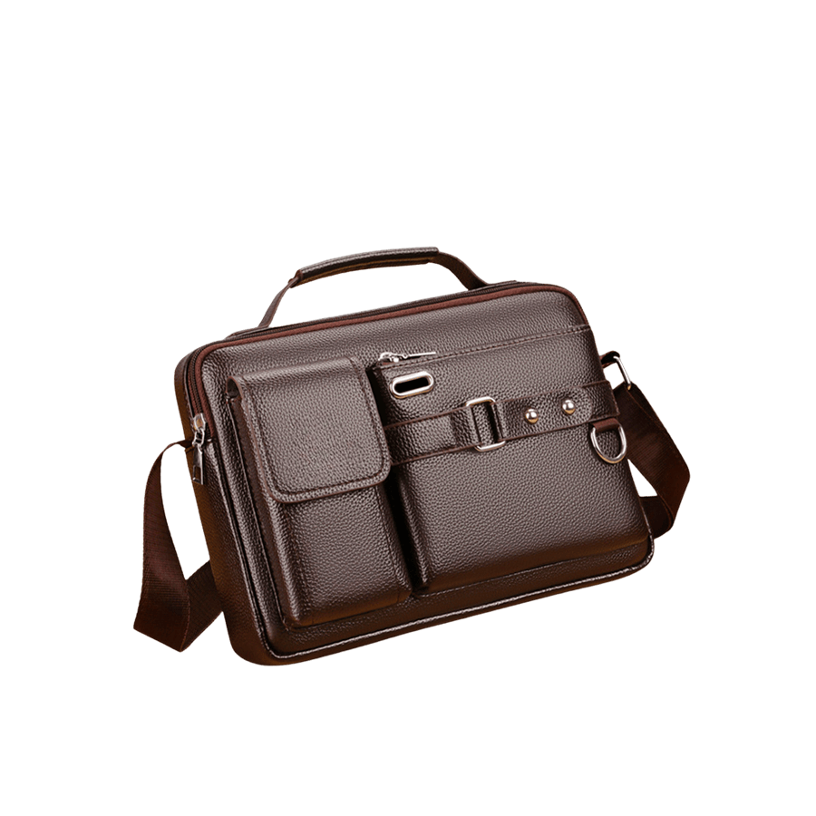 Brown men's briefcase with front open pocket and zipper pocket