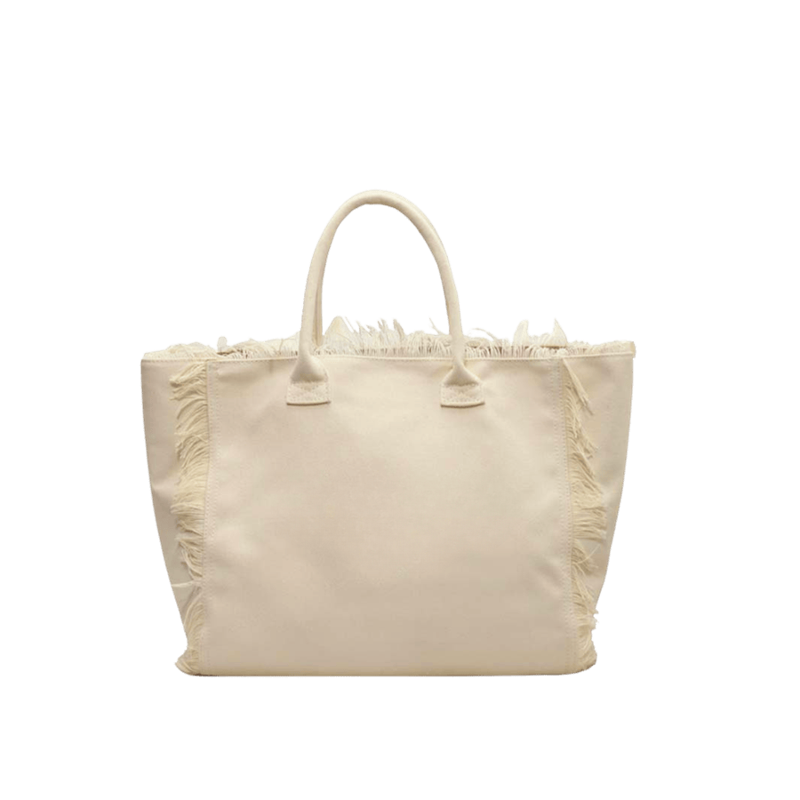 Beige canvas ladies tote with tassels on the body