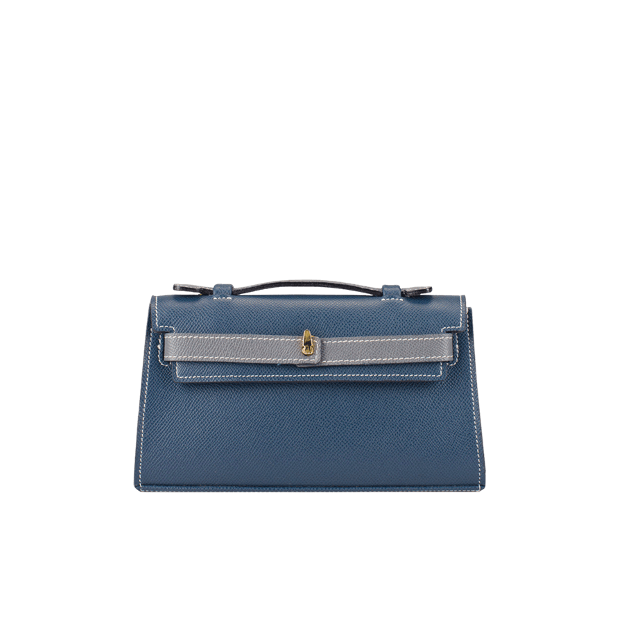 Blue ladies handbag with lock closure and light blue trim PU