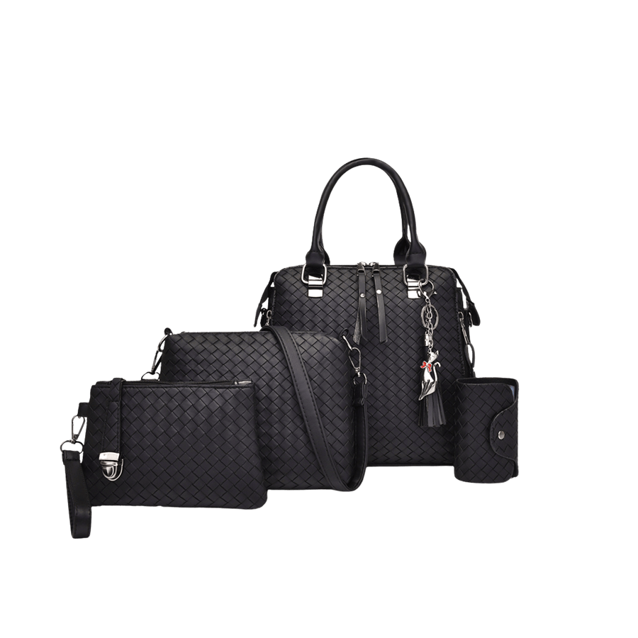 Black weave PU ladies handbag sets with metal hangtag and tab