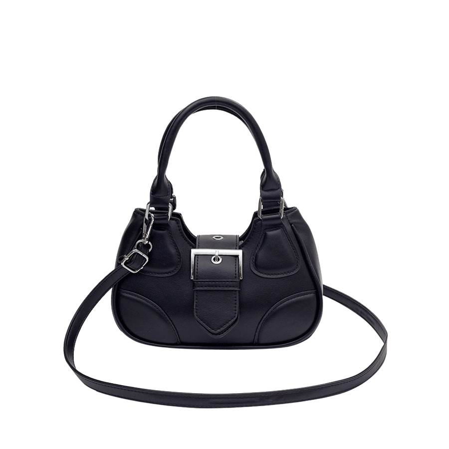 Black ladies handbag with big silver buckle and PU patch on the body