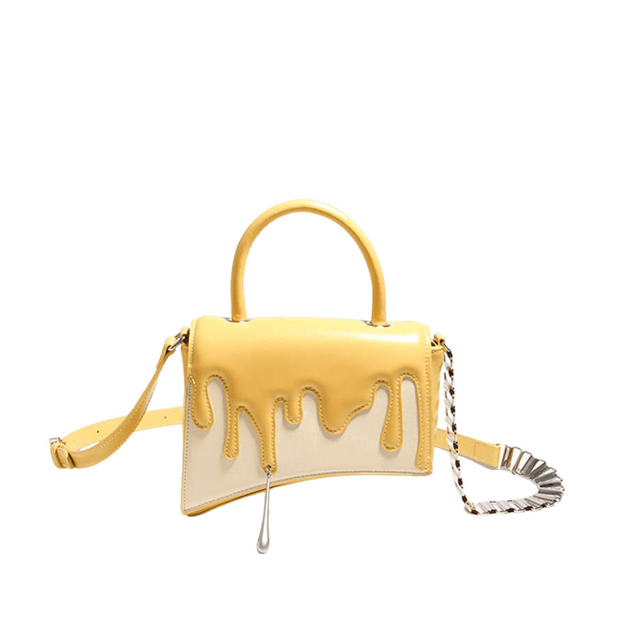 Beige Ice cream ladies handbag with yellow trim material and pin closure