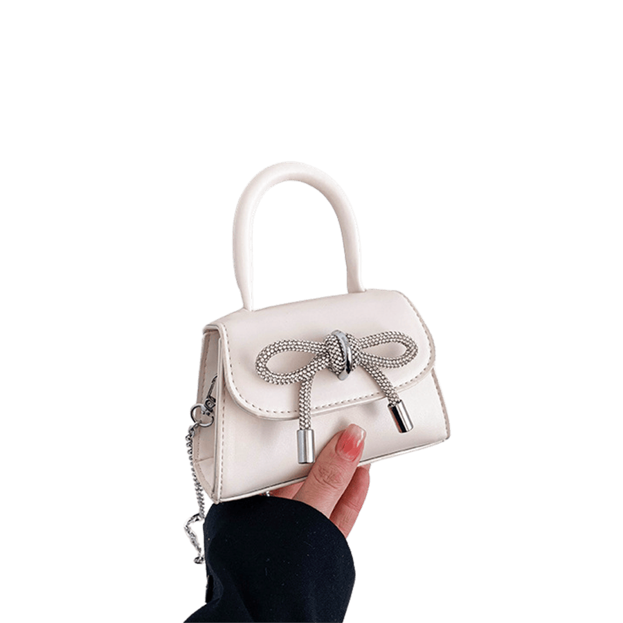 White ladies handbag with rhinestone bowknot and magnetic snap closre