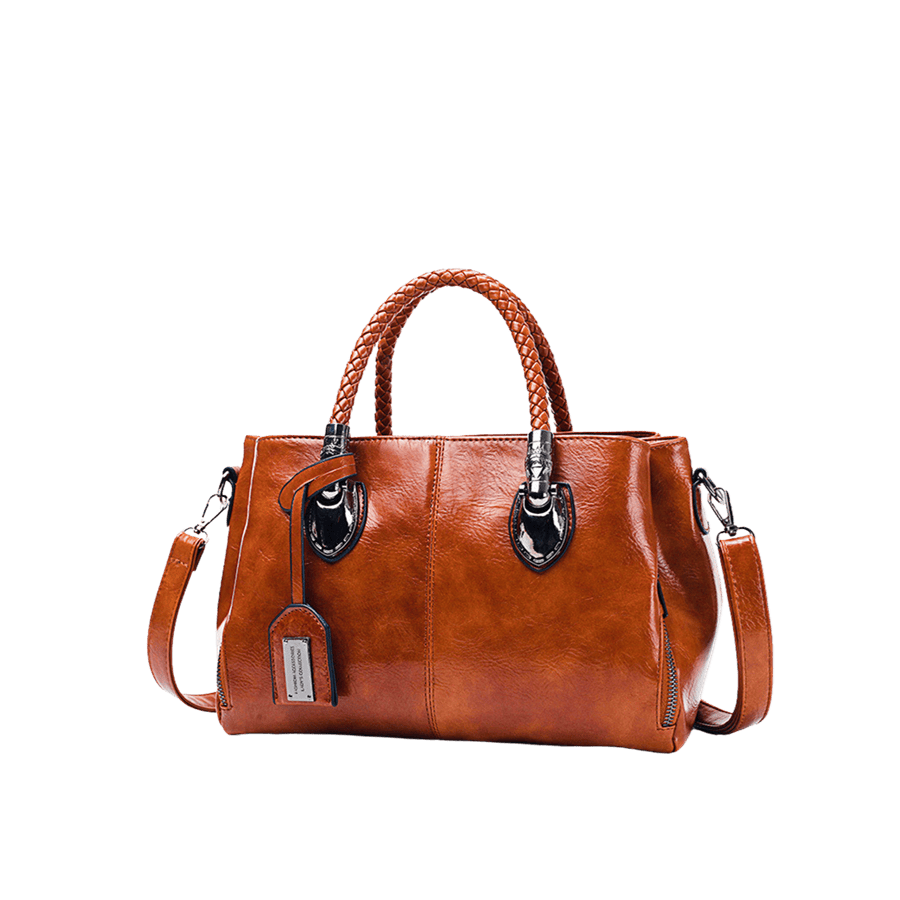 Brown ladies duffel bag with metal tab of handle and detachable hangtag