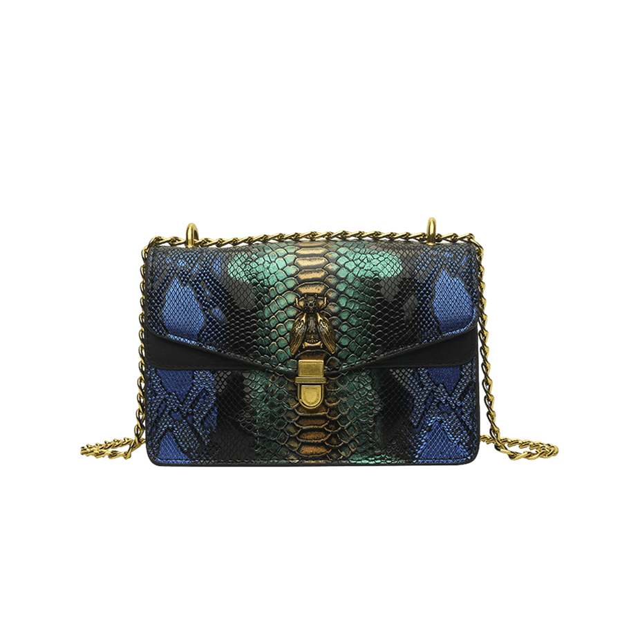 Snake PU ladies handbag with animal hardware on the flap and lock clousre