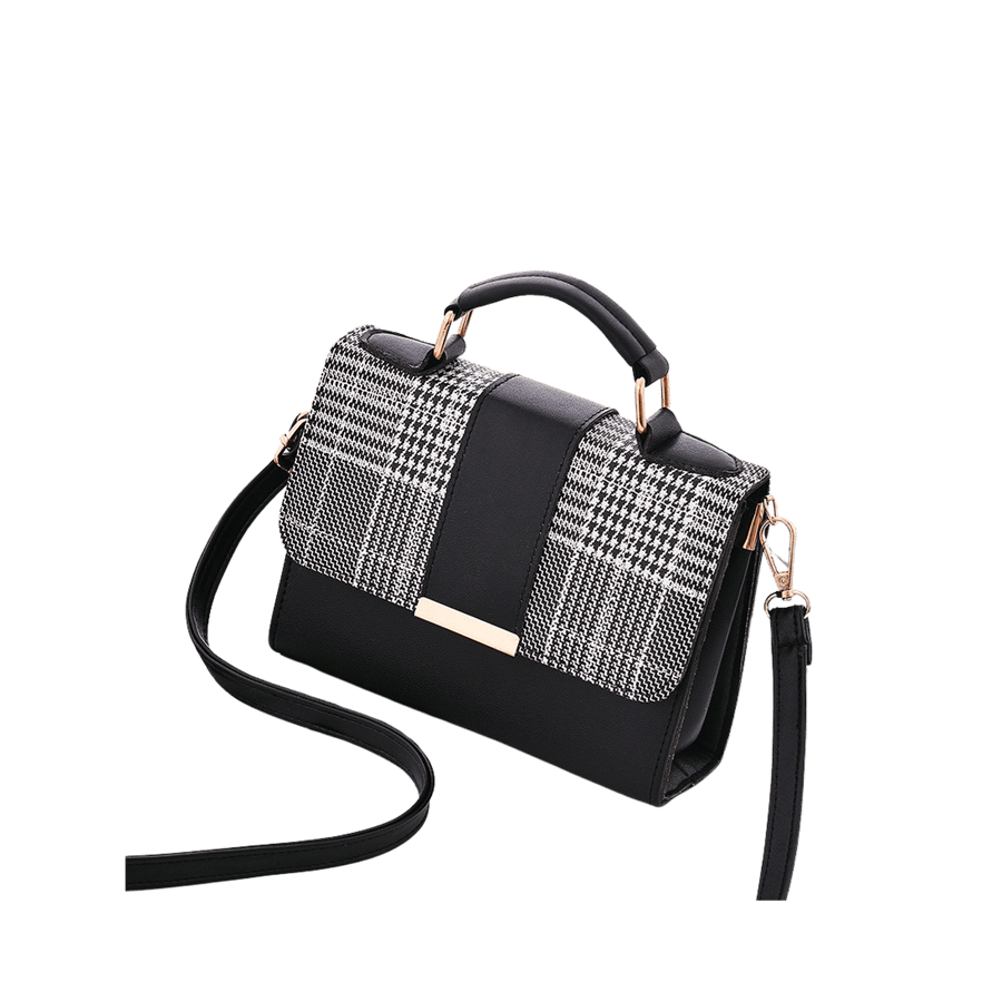 Ladies handbag with decorative metal edge and trim check PU
