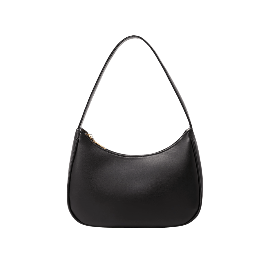 Black ladies handbag with top zip closure and piping on the body